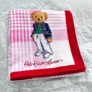 Ralph Lauren Pink Gingham Bear Scarf with Red Border 100% cotton